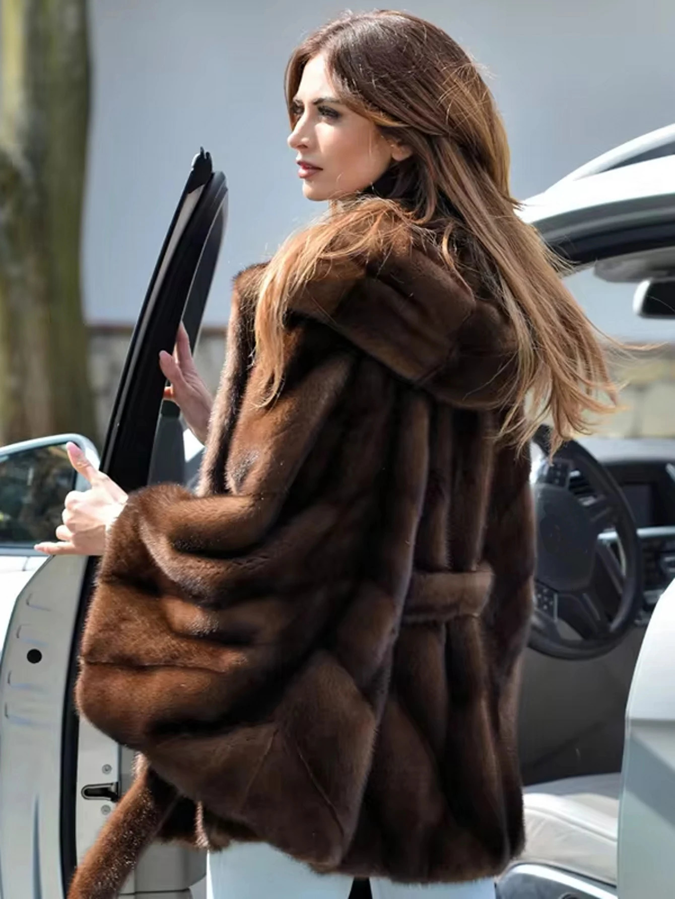 fashion for autumn and winter casual fluffy faux fur coat womens hooded belt style batsleeve artificial Mink Coat 250708