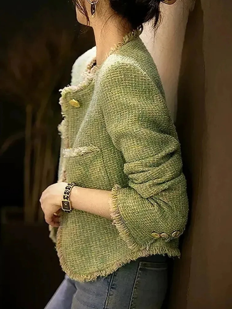 Chic Tassel Green Tweed Jackets Women Elegant Long Sleeve Korean Casual Short Coat High Quality Sweet Outwear Tops 250709