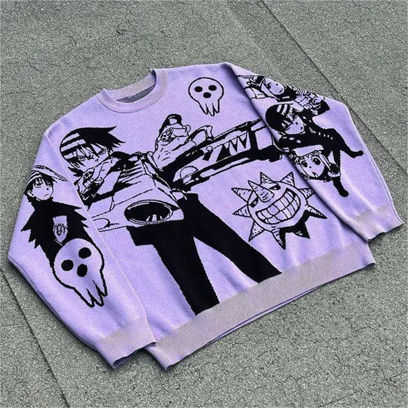 Harajuku sweaters Y2K retro 90s goth fitted round neck tops knitwear high quality Embroidery anime pattern oversized sweater 250708