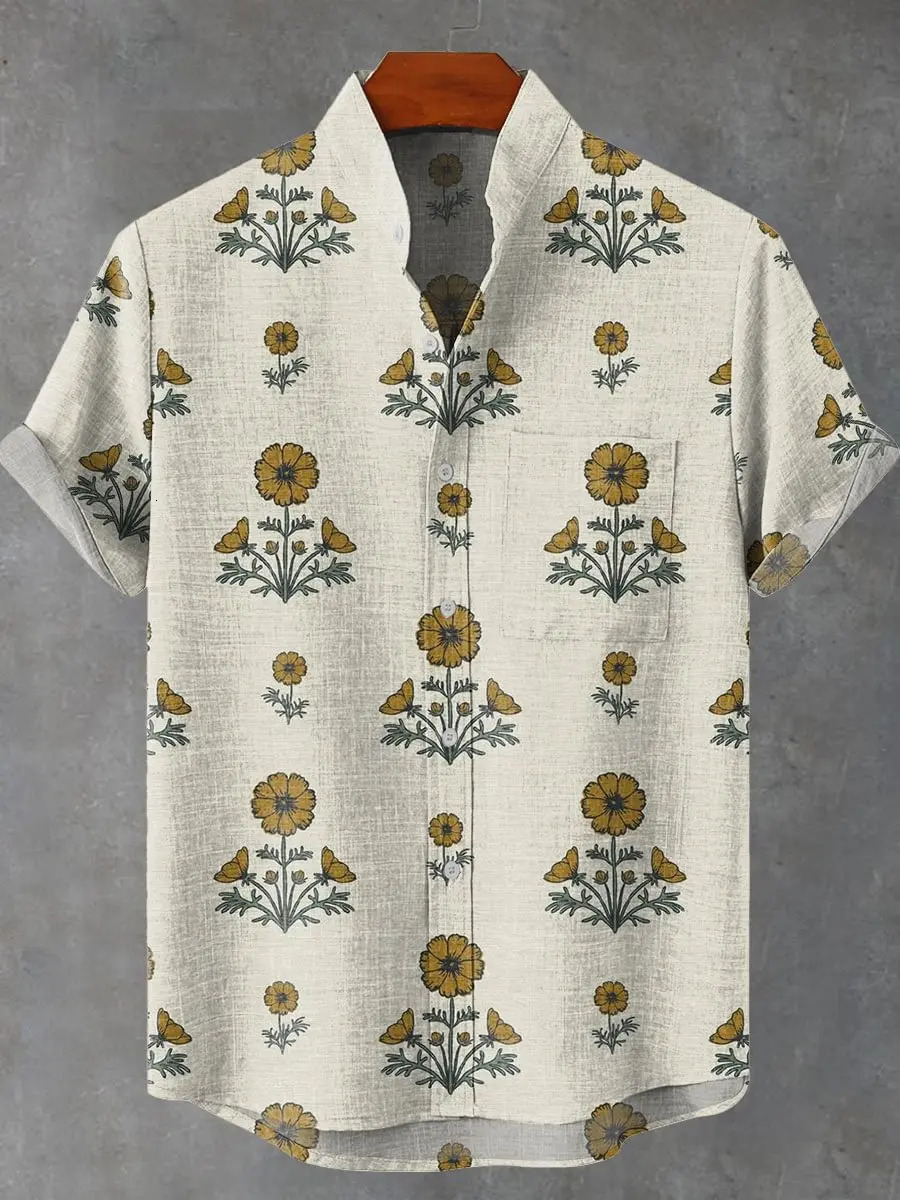 Mens Summer Elegant Art Petal Pattern Retro Linen Short Sleeve Shirt Comfortable Casual High Quality Button Top Mens Fashion 250707