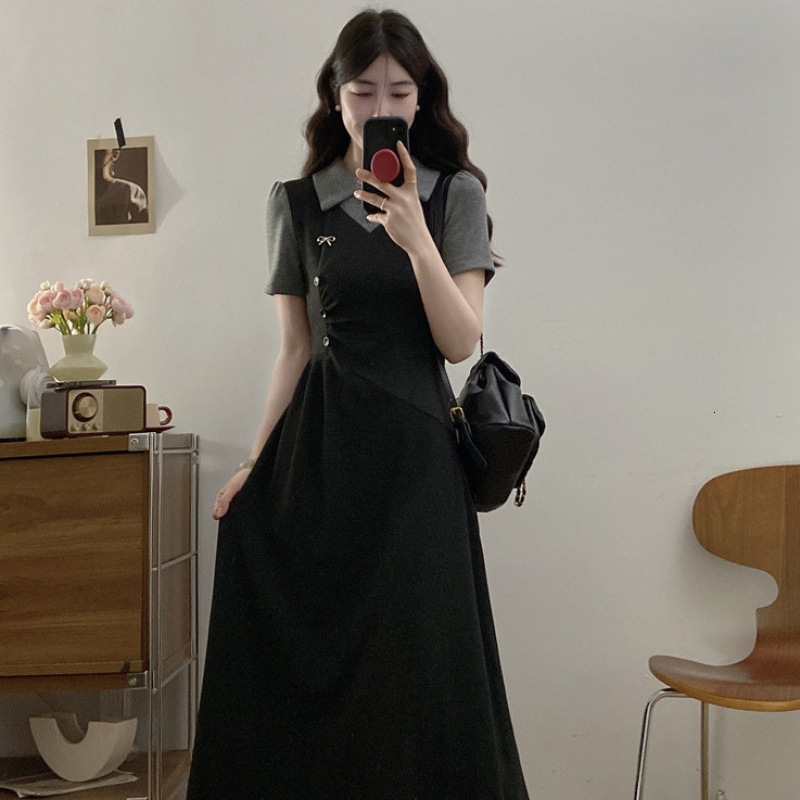 2025 Summer dress new women's dress French fake two-piece set Polo collar dress new college style slim and elegant long dress new designer luxury