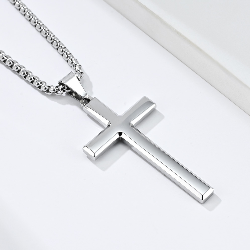 Luxury Jewelry Designer Jewelry Cross-border Amazon Simple Beveled Edge Stainless Steel Cross Pendant Unisex Style Niche Personality Necklace