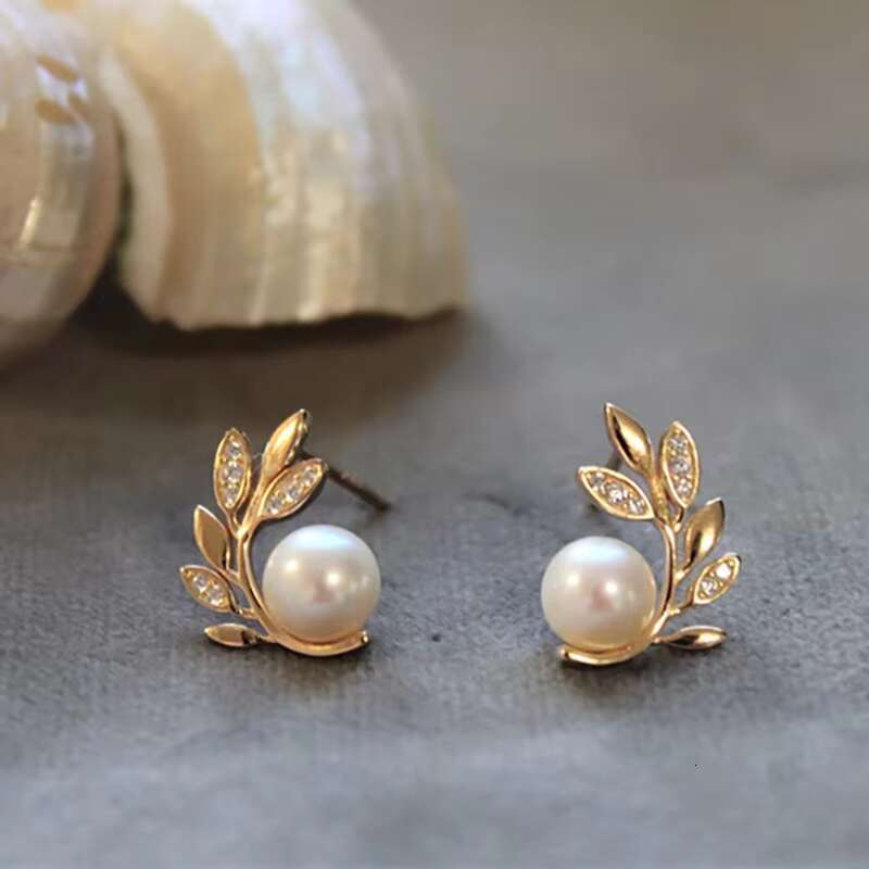High Quality Luxury Leaf Design Full Cubic Zirconia Pearl Earrings for Wedding Women Jewelry Gold Plated CZ Stud Earrings