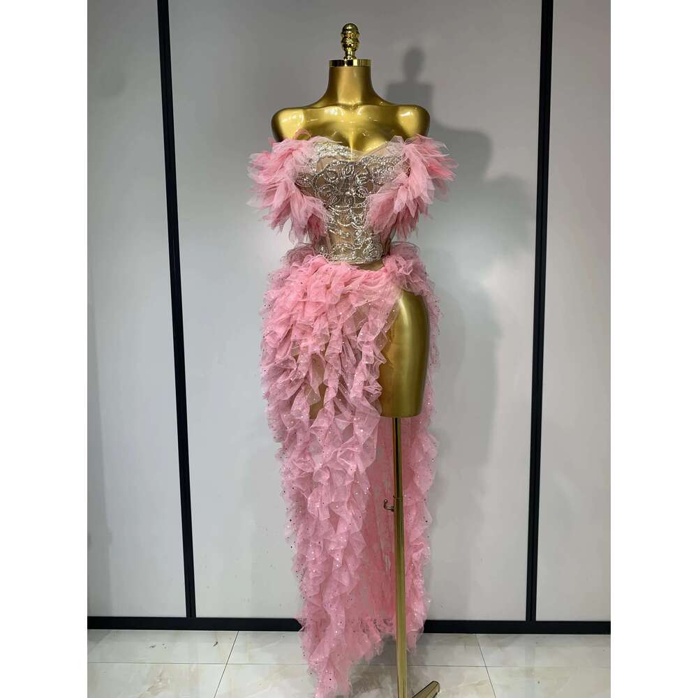 Women Sexy Strapless Ruffles two Pieces Set Bodycon Long Dress High Split Fashion Nightclub Party Birthday Singer Stage Outfit