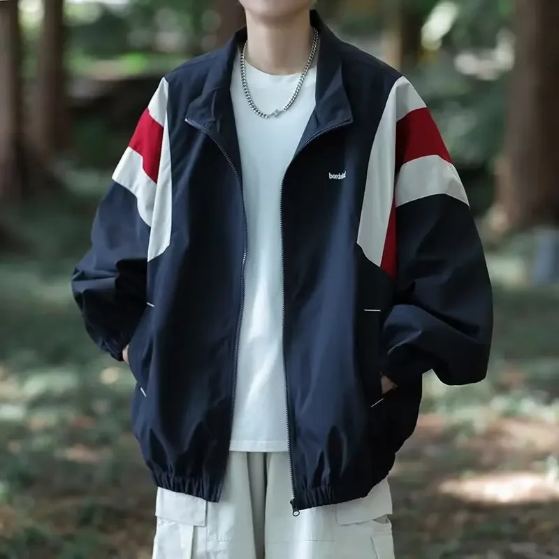 Japanese Style Color Block Blazer Jacket Mens Loose Fit Casual Clothing Outdoor Stand Collar Vintage Fashion American Style 250708
