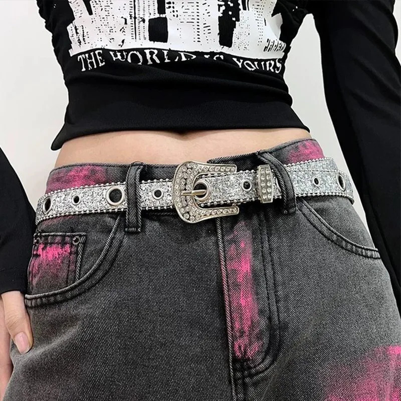 Fashion Rivet Rhinestone Belts PU Leather Bling Crystal Adjustable Belt Y2k Glitter Belts Jeans Pants Dress Belt For Women Girls 250711