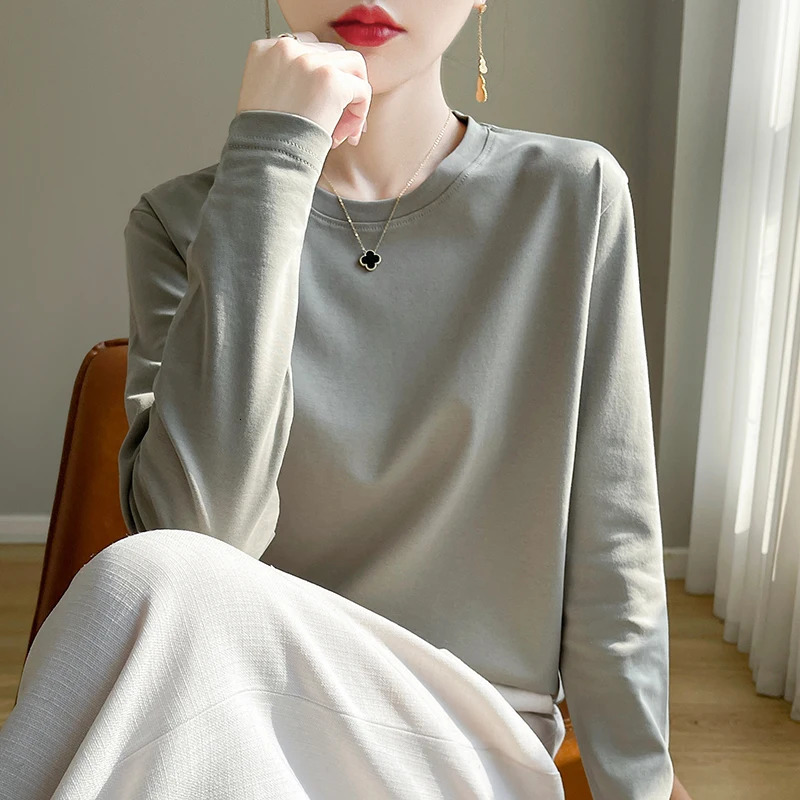 Spring Autumn 100% Cotton Long-Sleeved T-Shirt Womens Round Neck Mercerized Cotton Bottoming Shirt Loose Top 250707