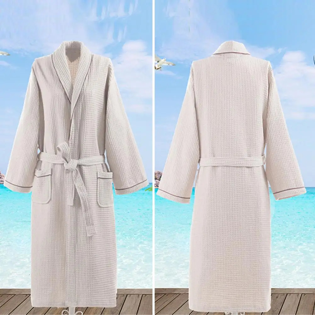Unisex Nightgown Solid Color V Neck Long Sleeve Lace-up Waist Pockets Men Sleepwear Cotton Mid-length Cotton Waffle Bathrobe 250710