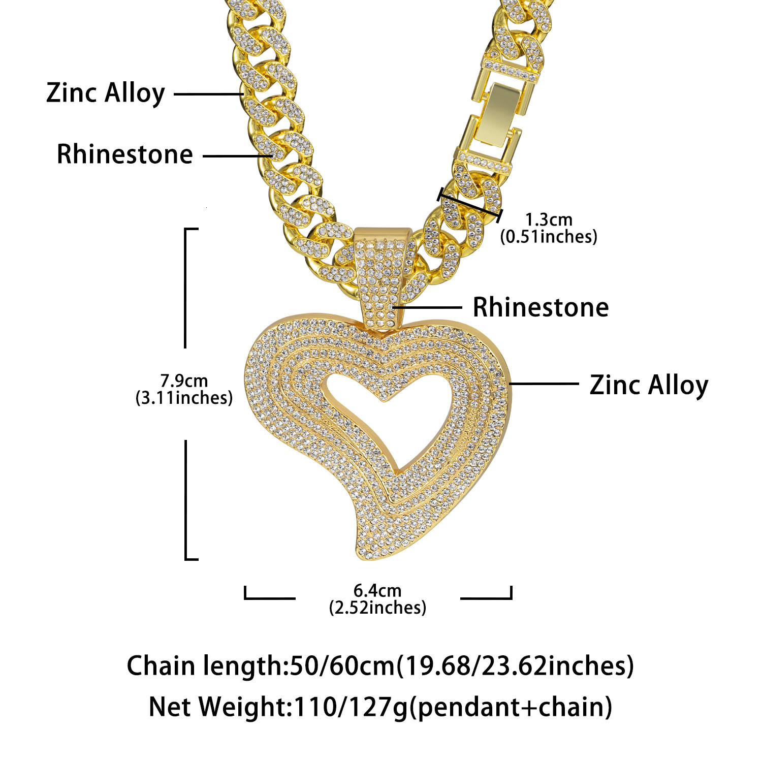 Luxury Jewelry Designer Jewelry European And American Cross-border New Luxury Heart Full Diamond Alloy Pendant Necklace Hip-hop Trendy Men's Jewe