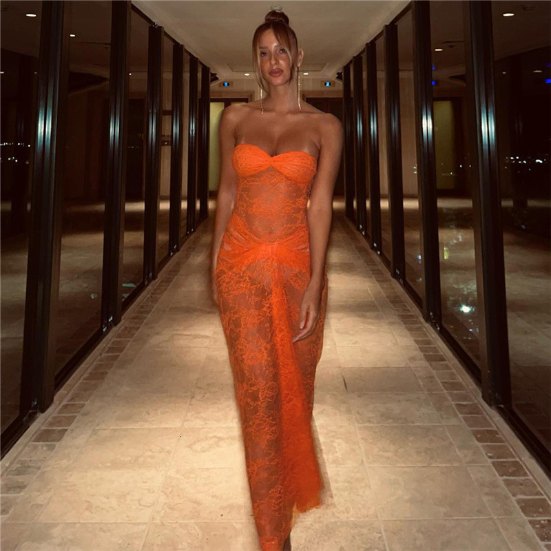 2025 Summer New Women's Skirt Fashion New Women's Fashion Sexy Strapless Lace Transparent Slim Tight Dress Summer New Women's Luxury De