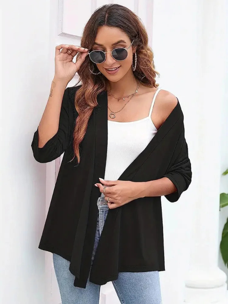 Plus Size Womens Lightweight Open Front Cardigan - Casual 3/4 Sleeve Soft Drape Versatile Fashion Open Front 250710