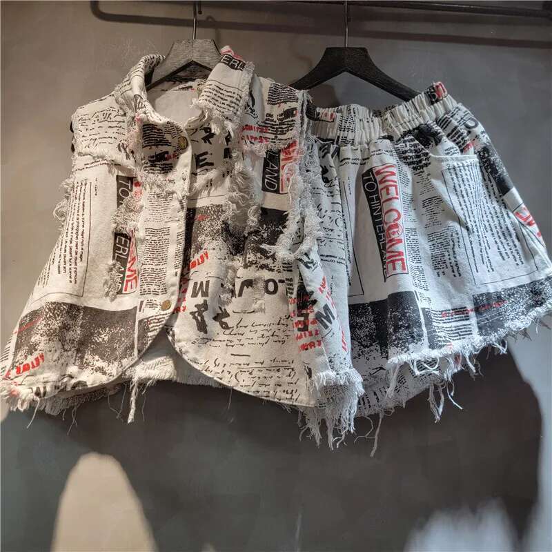 Trendy New Women's Letter Print Plush Edge Denim Vest Elastic High Wasit Wide Leg Shorts Female Summer