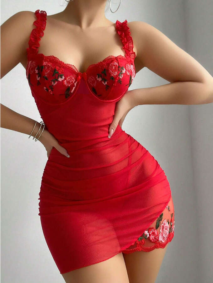 Sexy Lingerie Set Lace Lingerie Sexy Underwear Spring Sexy Sheer Nightdress New Strap Off Shoulder Slim Fit Bodycon Embossed Dress
