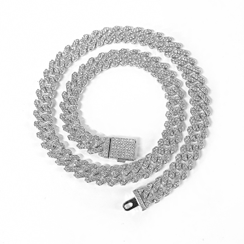 Luxury Jewelry Designer Jewelry New European And American Hip Hop Trend 12mm Bar Shape Small Flip Chain Full Diamond Necklace Large Gold Chain