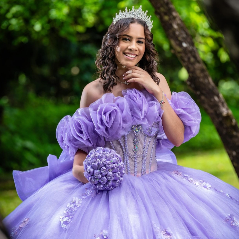 Lavender Shiny Quinceanera Dresses Ball Gown Off The Shoulder Applique Flower Beading Crystal Bow Tull Corset Party Birthday Sweet 16 Dress Vestidos 1