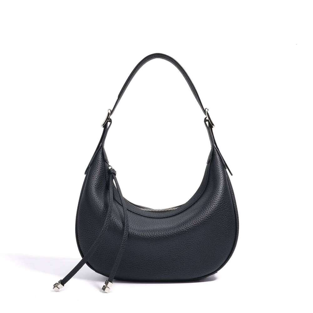 Design Genuine Leather Women Underarm Shoulder Handbag Lichee Cowhide Female's Handle Tote Crossbody Bag Moon Purse