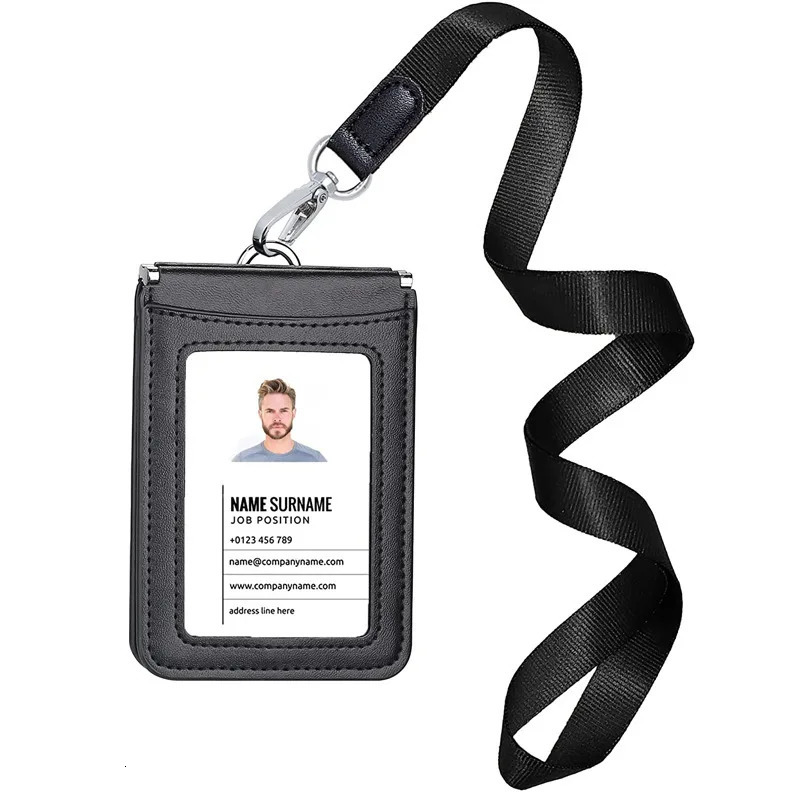 US Top Grade Genuine Leather ID Badge Holders with Neck Lanyard Formal Staff Office Worker Supplies Magnet closed ID Card Cover 250708