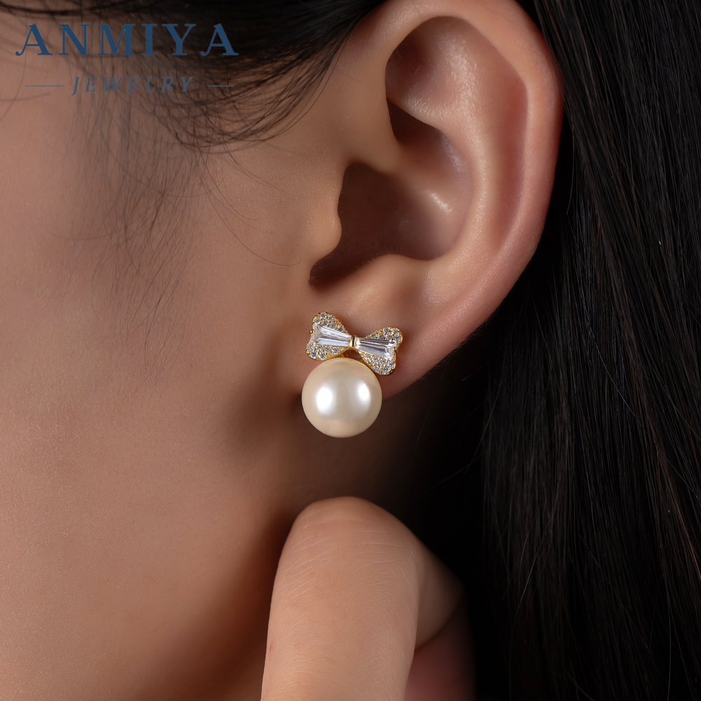 Gold Plated Bowknot Stud Earrings Pearl Festive Earring for Women Girls Christmas Jewelry Gifts