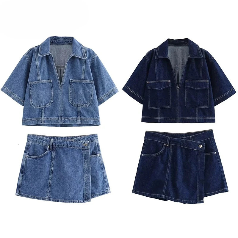 Blue Denim Shirt Woman Short Sleeve Cropped Women Summer Tops Streetwear Y2k Stylish Womens Blouse 250707