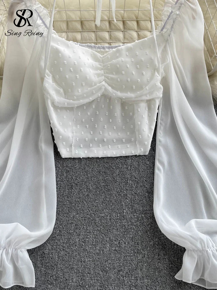 SINGREINY Polka Dot Folds Short Blouse Summer Slash Neck Long Sleeve Women Tie Halter Elastic Waist Fashion French Beach Top 250708
