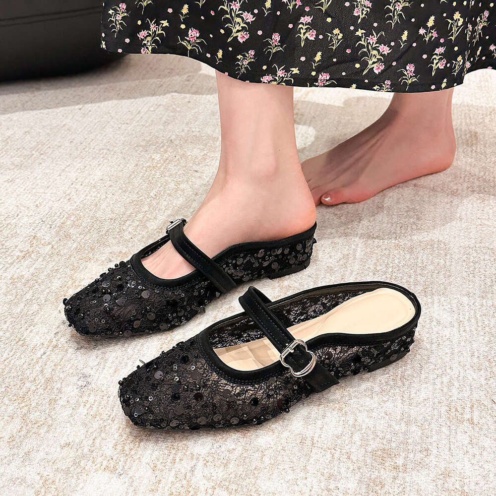 796-18 French Mesh Lace Square Toe Backless New Small Style Flat Single Hidden Wedge Women's Shoes