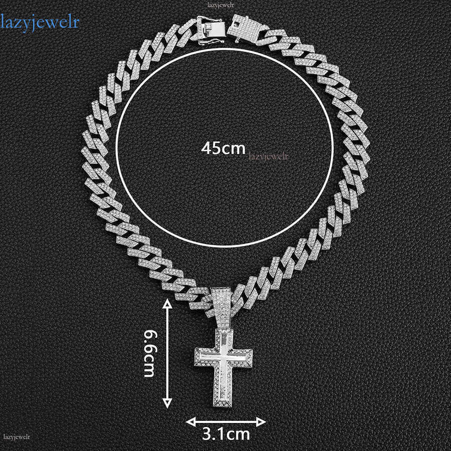 DHcollection Hip Hop Men's Jewelry Iced Out 15mm Width Cuban Chain With Alloy and Rhie Cross Pendant Necklace