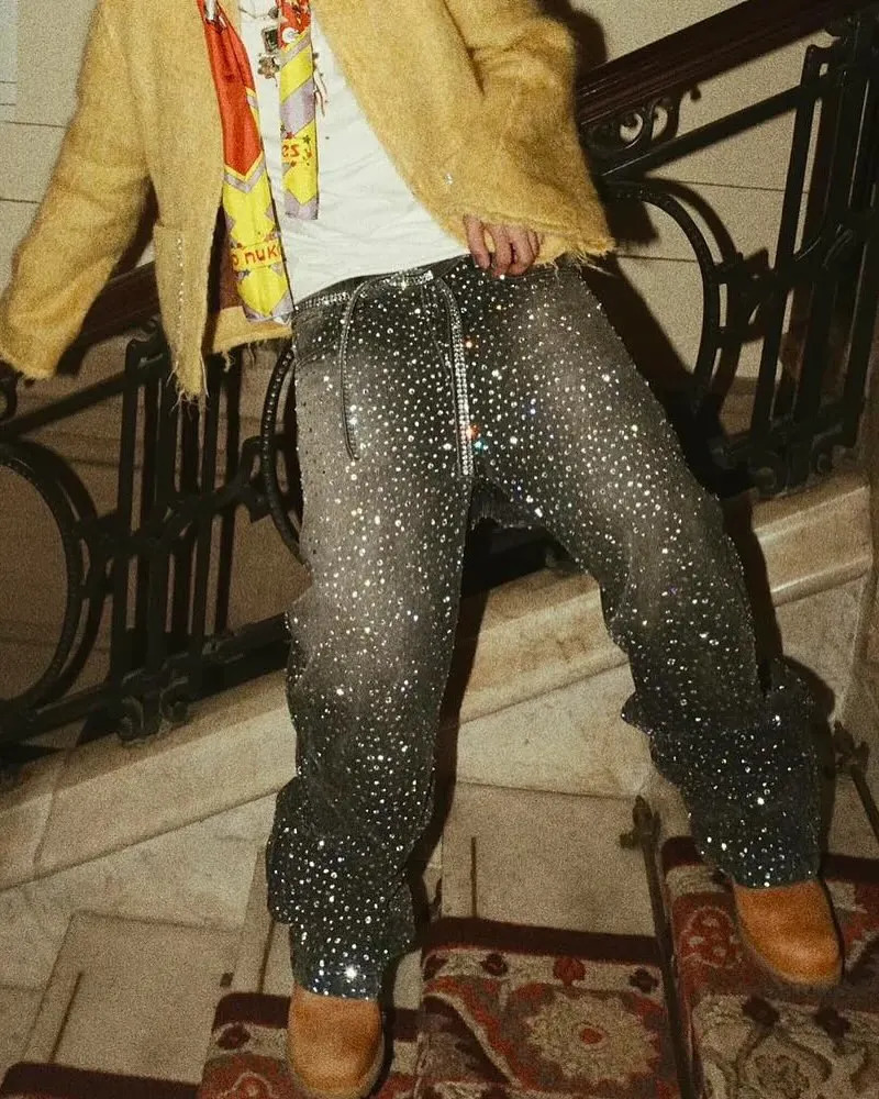 Streetwear Vintage Glitter Jeans Y2K Mens Womens Hip Hop Rhinestone Sequins Retro Blue Baggy Jeans High Waist Wide Leg Trousers 250712
