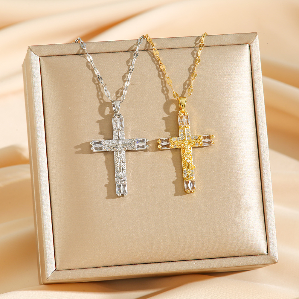 Luxury Jewelry Designer Jewelry Cross-border Trade New Virgin Mary Cross Micro Inlaid Zircon Copper Gold-plated Necklace Women's Collarbone Chain