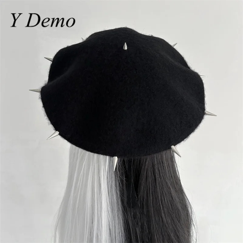 Y Demo Punk Rock Rivets Pu Splicing Womens Beret Hat Streetwear Woolen Sparks Adjustable Black Hats 250712