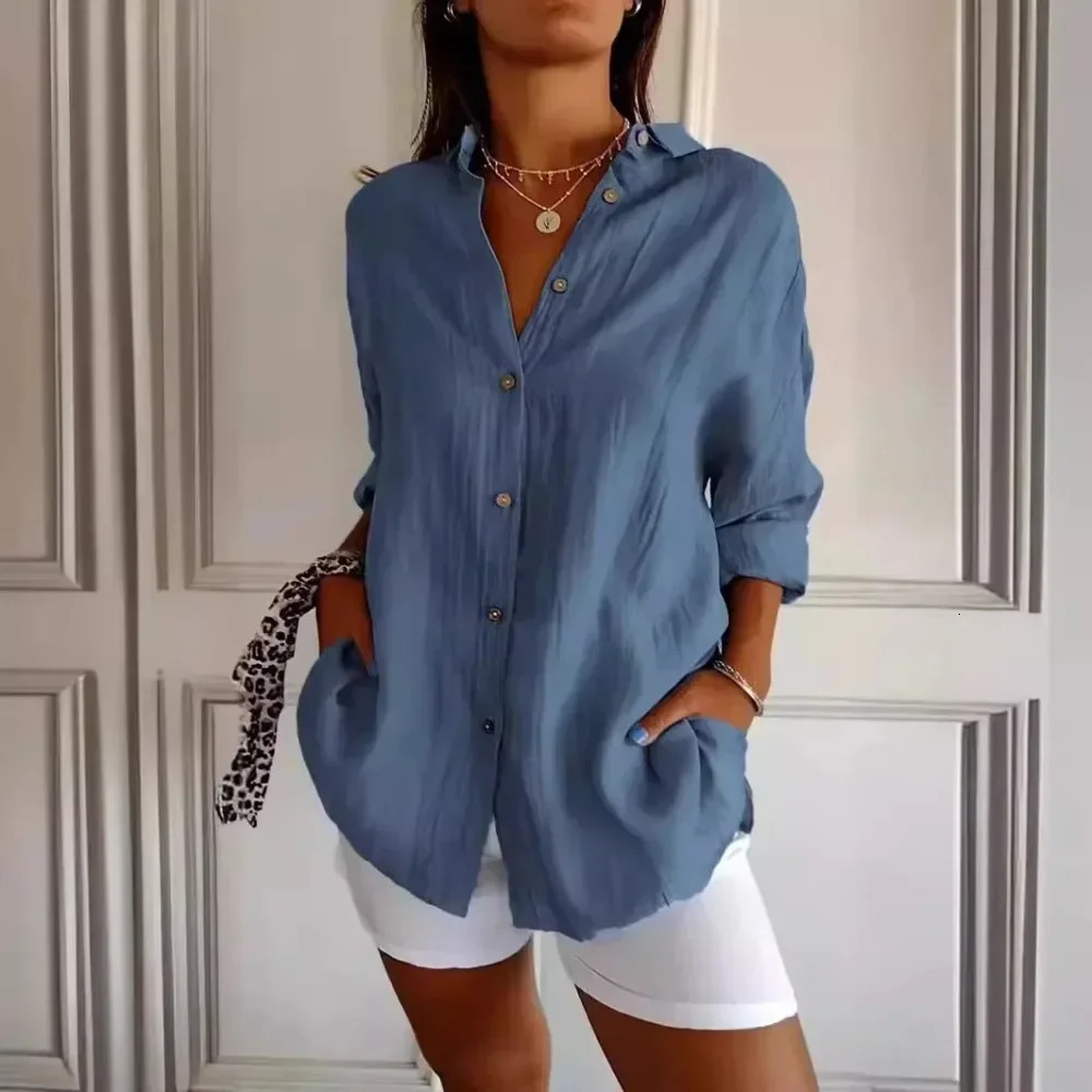 Womens Cotton Linen Casual Single-Breasted Pleated Lapel Shirt V Neck Button Shirt Loose Comfy Solid Retro Roll-up Sleeve Top 250708
