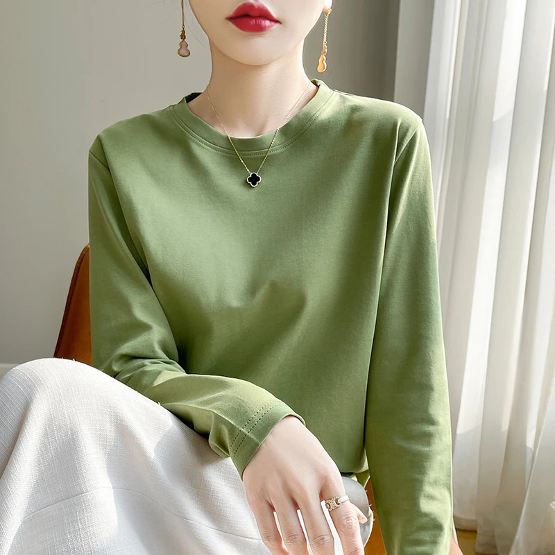 Spring Autumn 100% Cotton Long-Sleeved T-Shirt Womens Round Neck Mercerized Cotton Bottoming Shirt Loose Top 250707