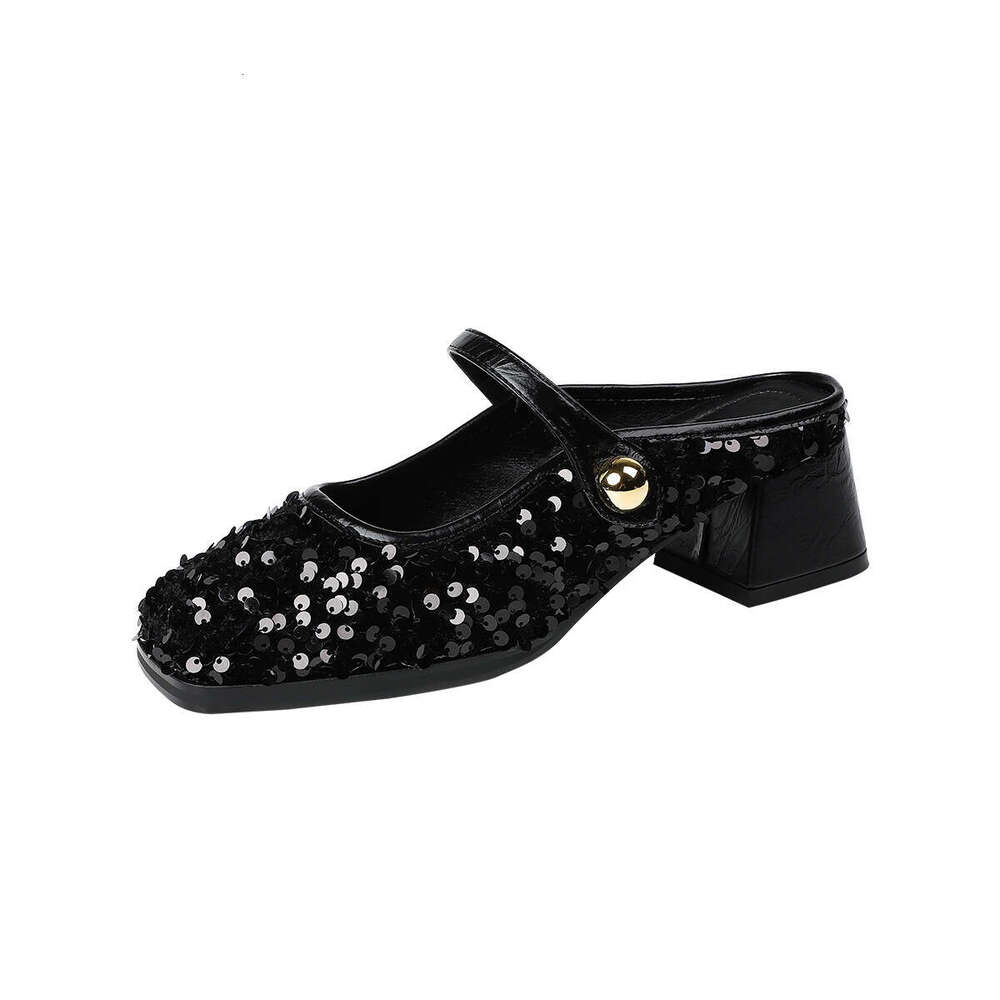 T8-17 French Style Silver One-Strap Mid-Heel Mary Jane New Shallow Mouth Square Toe Chunky Heel Women's Shoes