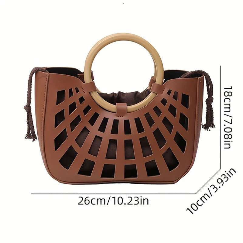 Hollow-Out PU Leather Tote For Women Lightweight Square Handbag With Ring Handle Stylish Commute And Grocery Shopping Bag
