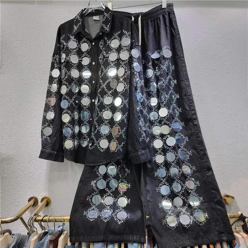 Hot Drilling Plaids Dias Beaded Shirt Coat Big Sequined Jacket Tops+High Waist Straight Wide Legs Denim Pants 2Pcs Set