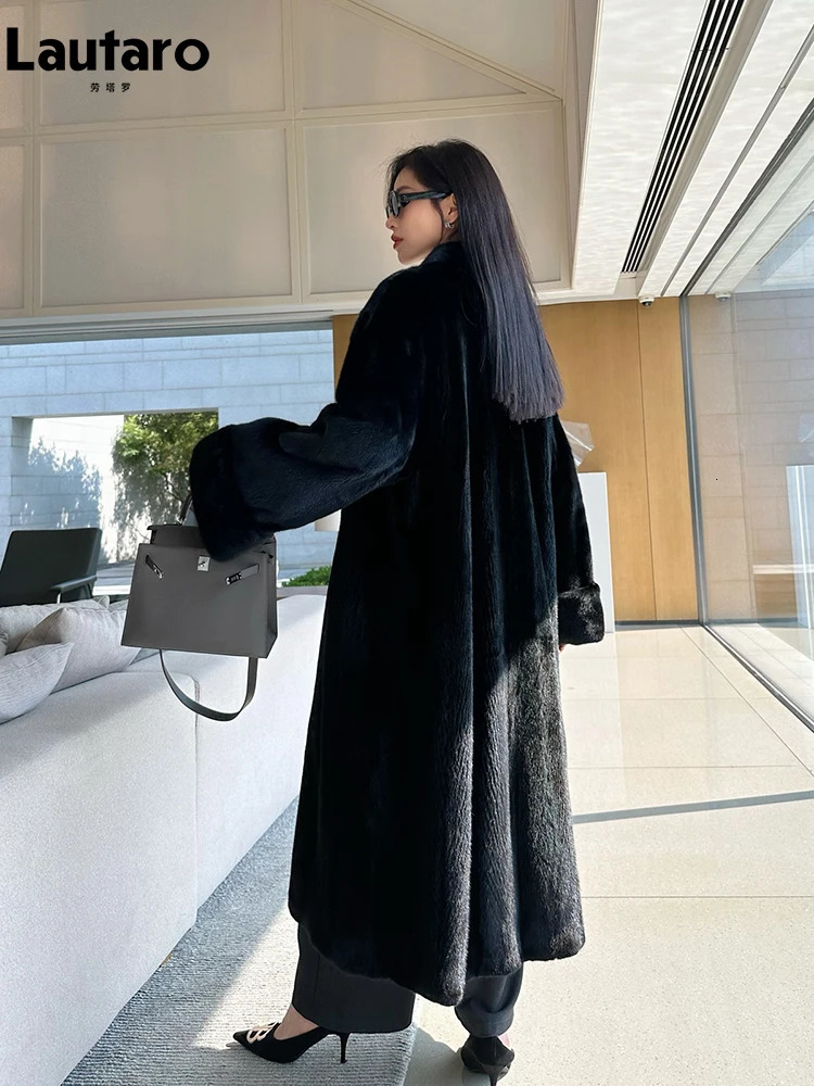 Lautaro Autumn Winter Long Elegant Chic Soft Thick Warm Brown Hairy Faux Mink Fur Coat Women V Neck Fluffy Overcoat 250708