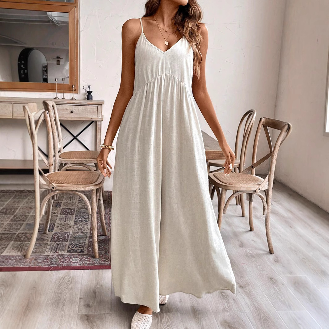 2025 Summer New Women's Fashion Skirt Solid Color Cotton and Hemp Dress Loose Strap Casual A-line Long Skirt New Luxury Designer Women's Ski