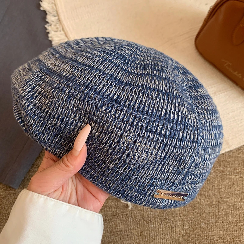 Japanese Retro Knitted Beret Women Spring and Autumn Thin Breathable Big Head Literary and Versatile British Reverse Painter Hat 250712