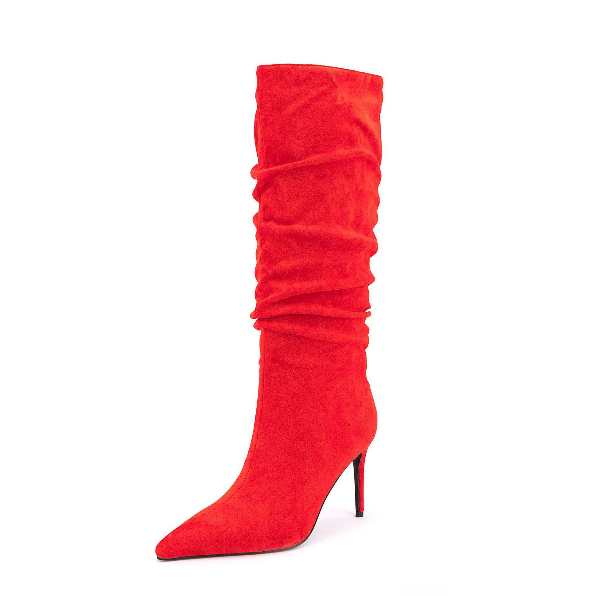 Women's Crinkled Knee High Boots - Pointed Toe Stiletto Heel Faux Fur Lined Fashion Boots