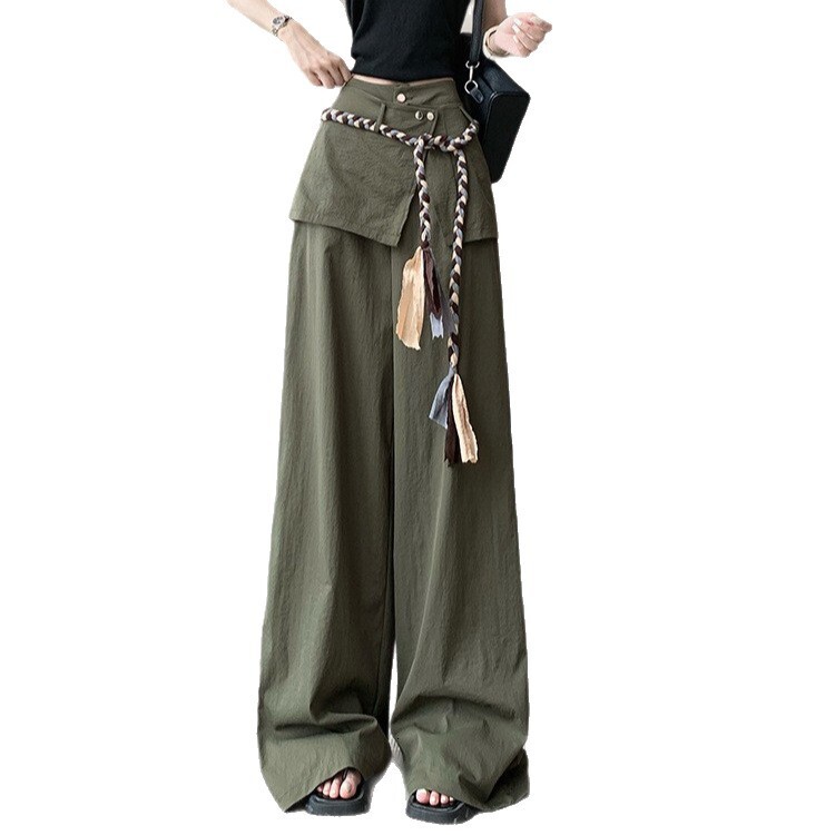 Summer new women's pants with waistband rope curtain workwear wide leg pants new spicy girl high waisted loose fit floor length pants new designe