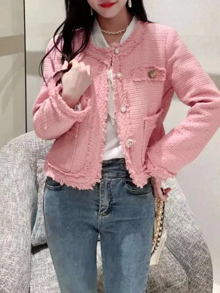 HMA Korea Chic Elegant Tweed Jacket Woman Fall Button Up O-Neck Tassel Coat Female Full Sleeve OL Jacket 250709