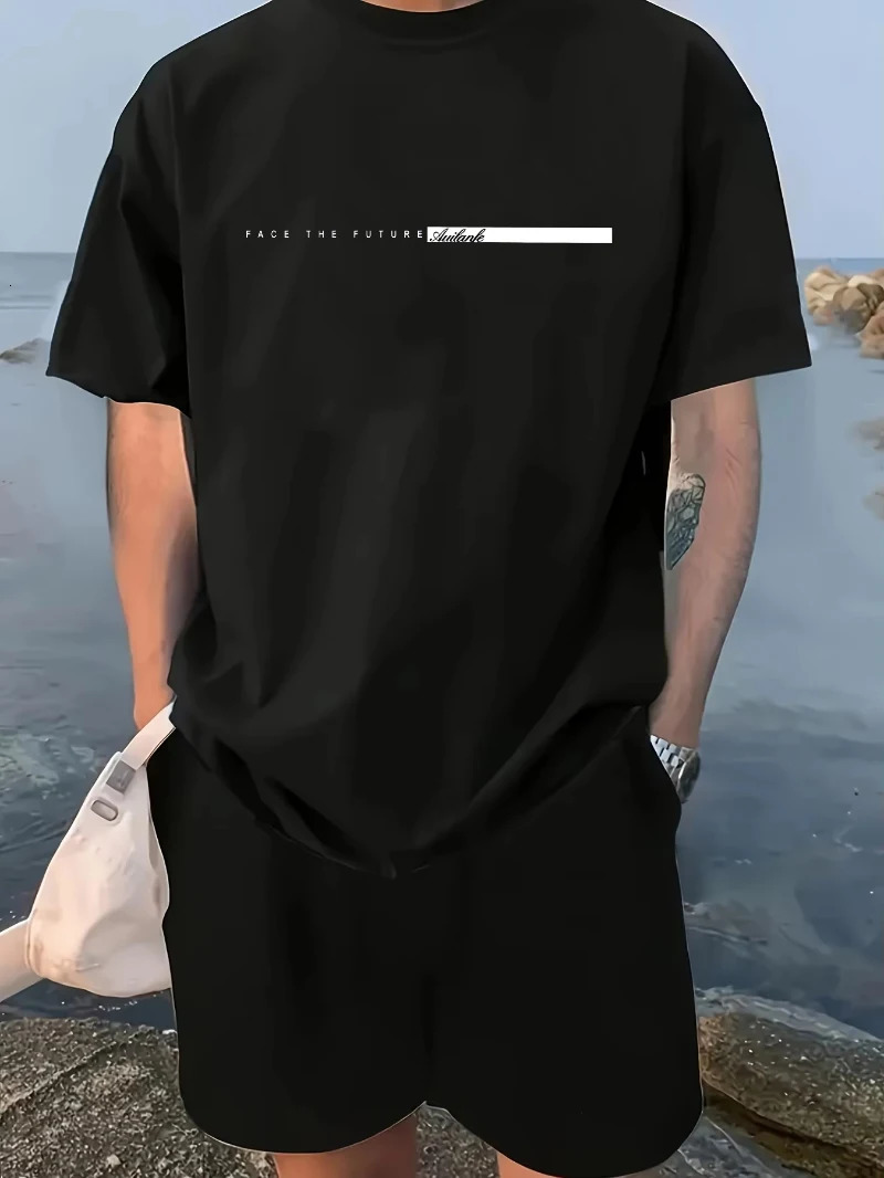 Summer Mens 100% Cotton Casual Loose Version Large Letter Printed T-Shirt Shorts Two-piece Set High Street Neutral Style 250711