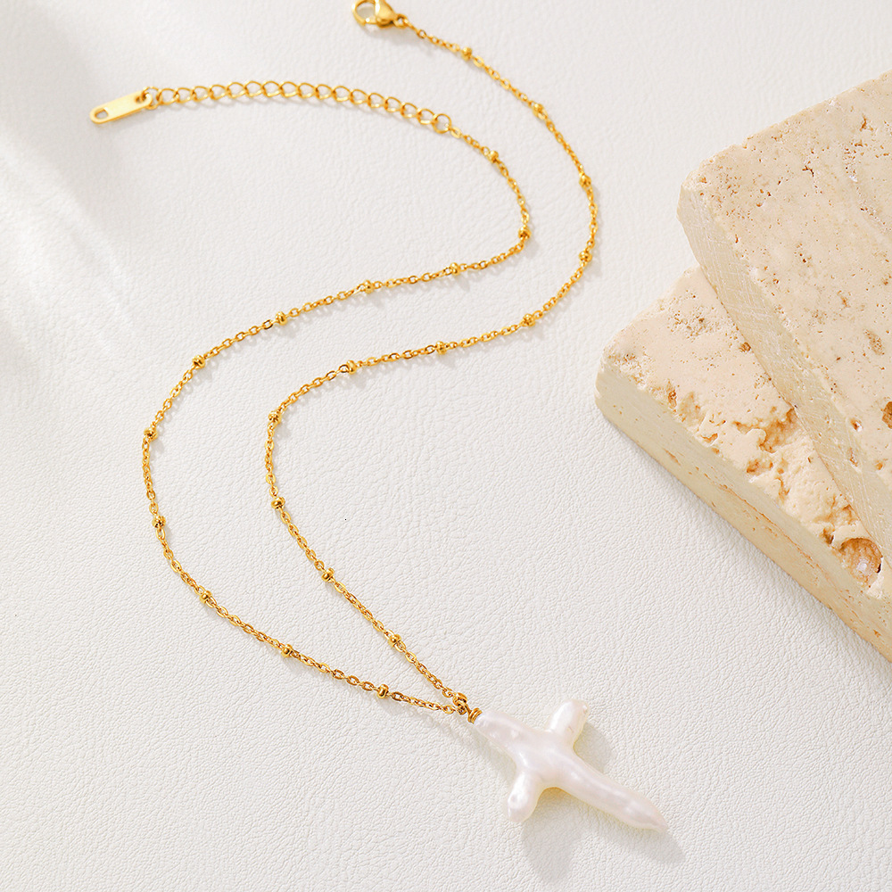 Luxury Jewelry Designer Jewelry Baroque Cross Pearl Pendant Titanium Steel Non-fading Collarbone Chain Layered Necklace Ins Hot Item Cross-border Supp