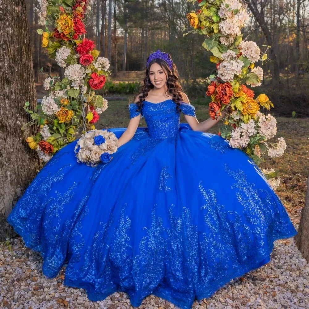 Royal Blue Princess Quinceanera Dresses Glitter Sequins Lace Appliques Off Shoulder Party Prom Ball Gown With Bow Back Chic Sweet 15 16 Dress
