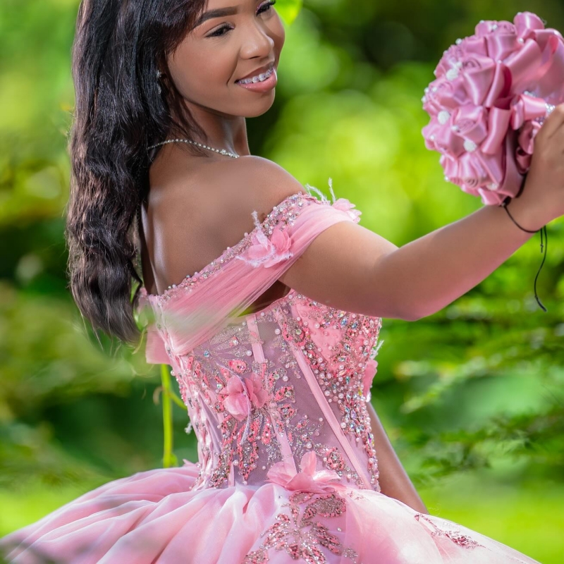 Pink Shiny Quinceanera Dresses Ball Gown Off The Shoulder Sequin Applique Flower Beads Tull Corset Party Birthday Sweet 16 Dress Vestidos 15 Anos