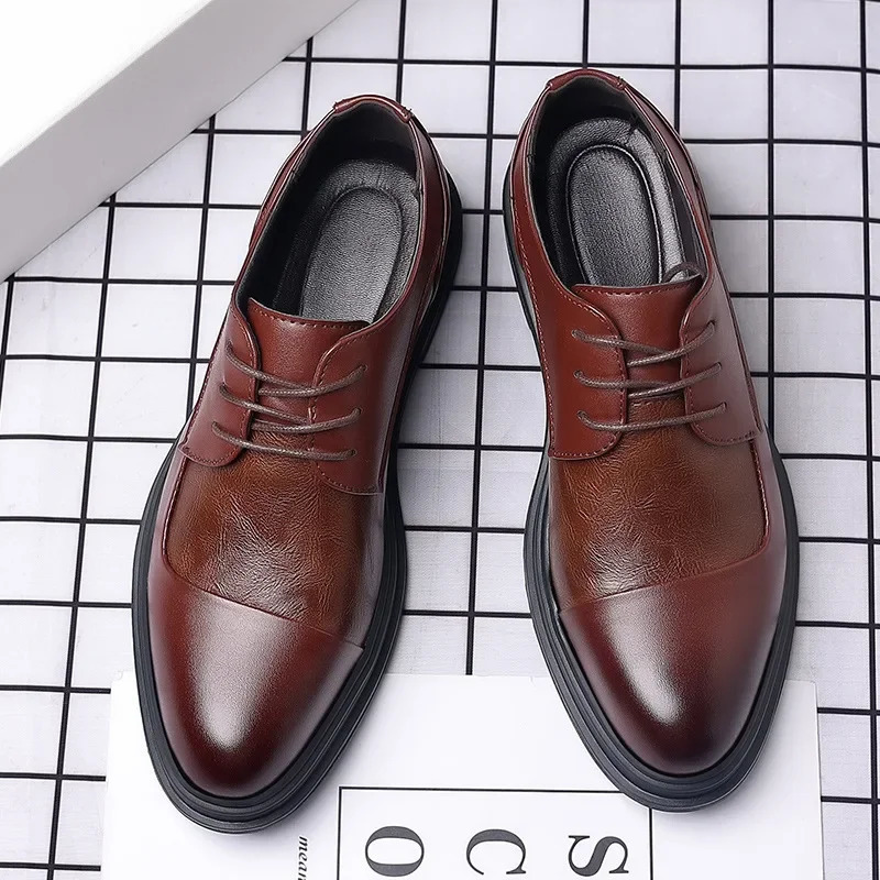Black Leather Shoes for Men Wed Dress Shoe Lace Up Casual Business Oxfords Point Toe Office Formal Shoes for Male 250712