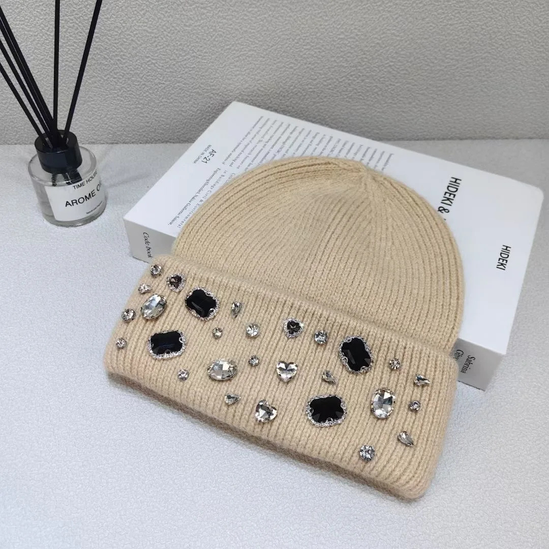 Winter lady warm thick beanie cap 7colors fashion rhineston solid casual Knitted hat women Angora wool cap windproof Versatile 250712