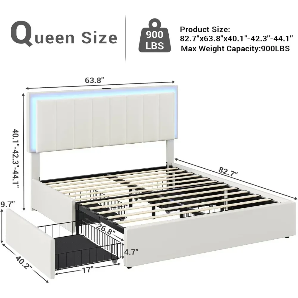 LED Queen Size Bed Frame with 4 Storage Drawers& Charging Station, Artificial Leather Upholstered Bed with Adjustable Headboard