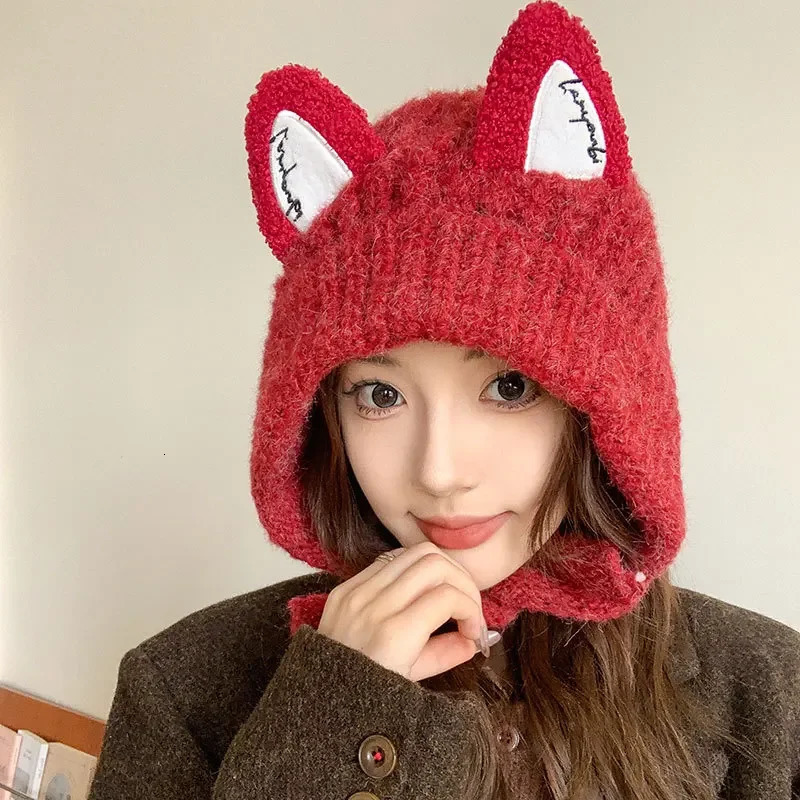 Japanese Cute Fox Ears Pullover Y2K Hats for Women and Men Winter Outdoor Leisure Warm Versatile Ear Protection Beanies Cap 250712