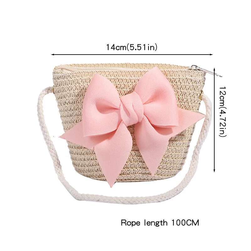 New Pink Bow Girl Zipper Woven Straw Kids Princess Messenger Outdoor Travel Keys Candy Crossbody Bags