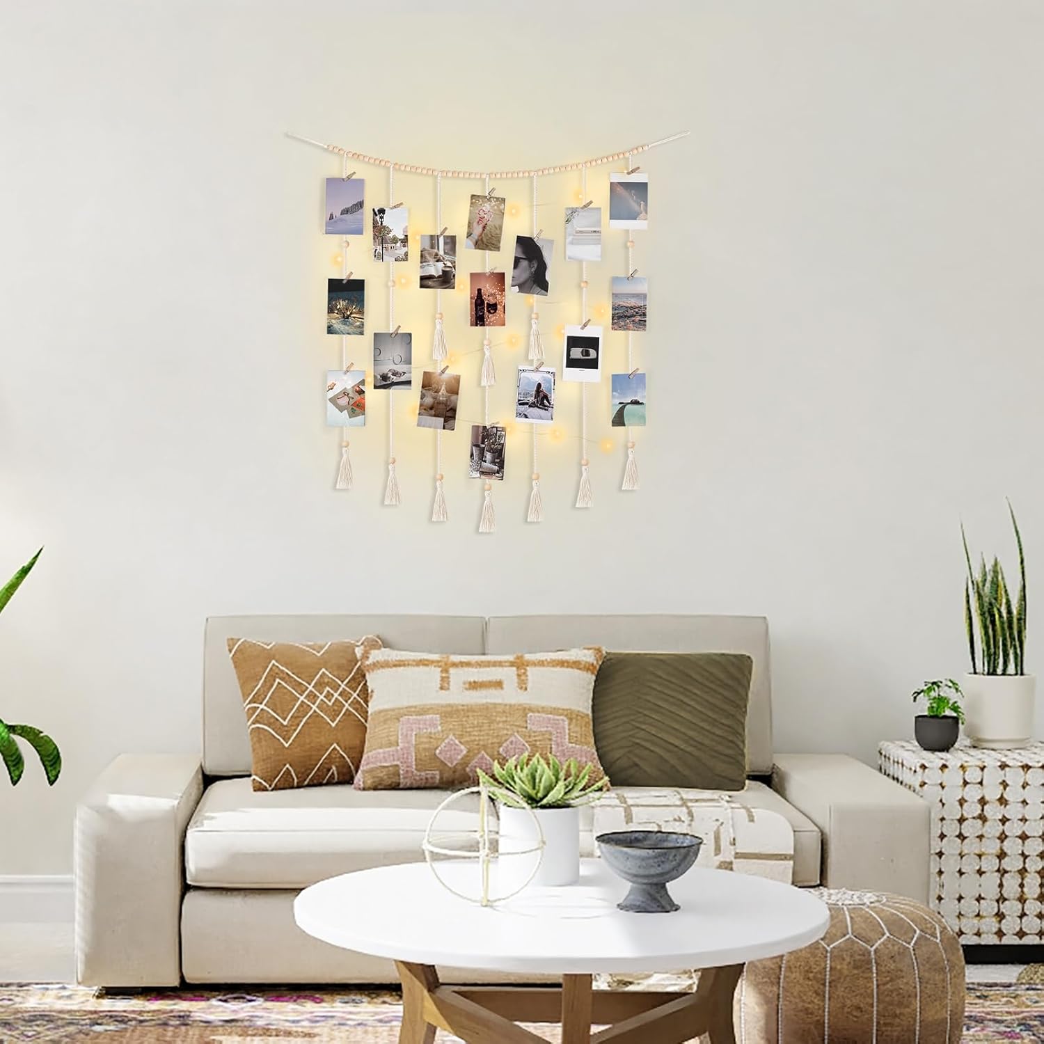 Macrame Hanging Photo Display Wall Decor Boho Wooden Beads Garland Picture Frame Holder with 30 Clips Bedroom Living Room Gifts H260306